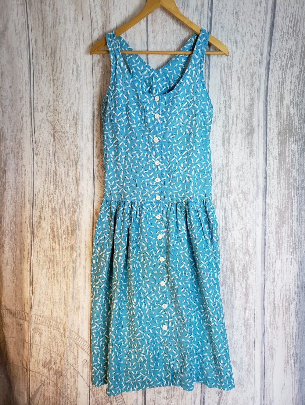 Vtg 60-70s Sleeveless Button-Front Cotton Dress Sz 9/10 Drop Waist Skirt A11